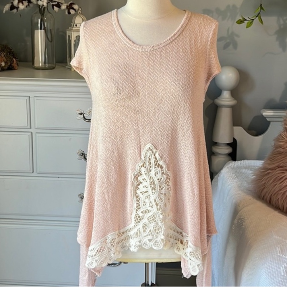Basil ❤️ Lola Flowy Crochet Top Angeled Loose Womens Medium Blush Pink